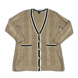 Talbots Long Cardigan Sweater Womens Medium Tan Cable Knit Tipped Gold Buttons